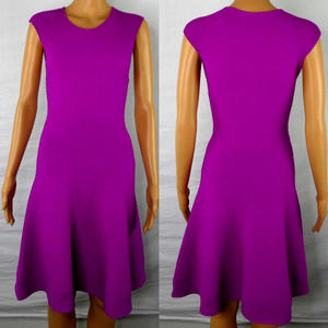 Milly Geo Textured Flare Dress Fuchsia Ribbed Contrast Cap Sleeve Medium